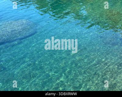 Blue turquoise transparent calm sea water surface natural background Stock Photo