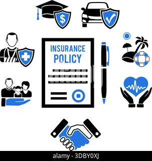 Insurance Services Process Concept and Infographics with two color flat icons like Car, Medical, Travel and Family insurance. isolated vector illustra Stock Vector