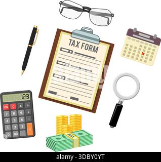Tax calculation, accounting, payment, paperwork concept. Government taxes, financial research, report. Calculation of tax return. Flat style icons. Is Stock Vector