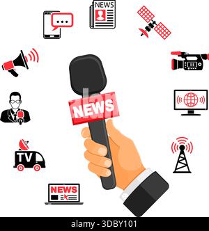 Media and News Vector Concept with Icon set in two color such as Journalist Microphone Newspaper Camera laptop and hand holds microphone. Isolated vec Stock Vector