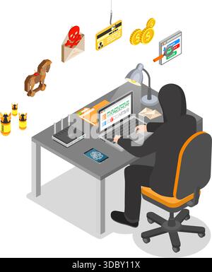 Hacker sitting table and hacking data through Internet on laptop. Internet Security isometric Concept with Flat Icons Hacker, Virus and Spam. Stock Vector