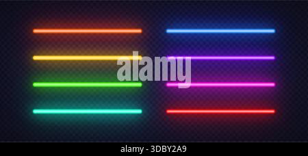 Horizontal neon lines in vivid colors are arranged on a transparent background. The glowing bars work well as graphic elements for banners, frames or Stock Vector