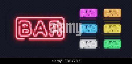A multicolor set of neon bar signs shines with vivid light and adds an energetic mood. Bright tones and clear shapes create a stylish modern look. Stock Vector