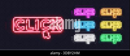 A vivid collection of neon click signs shines in multiple colors and adds a playful tone. Each glowing variant gives the design a dynamic and modern Stock Vector
