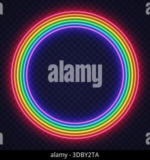 A vibrant circular neon frame made of glowing rainbow lines on a transparent background. The smooth shape adds a dynamic accent ideal for logos or Stock Vector