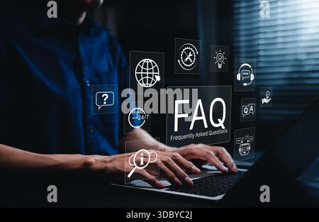 FAQ concept for online support, knowledge base, and customer service, User accessing frequently asked questions via digital platform for efficient Stock Photo