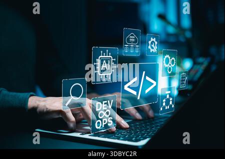 DevOps and AI integration in software development process concept. Developer working on laptop with digital coding icons, automation, programming, Stock Photo