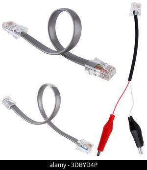 Flexible Internet cable with crimped RJ45 connectors for connecting a computer to a router. On a white background in insulation. Stock Photo