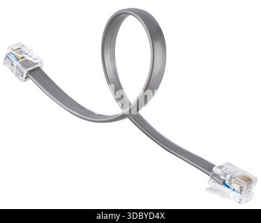 Category 5e twisted pair patch cord with transparent RJ45 connectors in gray insulation. On a white background in insulation. Stock Photo