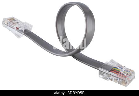 Gray Ethernet network cable with RJ45 connectors for connecting to the Internet and local area network. On a white background in insulation. Stock Photo