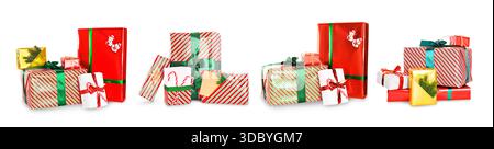 Panoramic set of colorful Christmas gift boxes with ribbons and bows isolated on white background. High quality photo Stock Photo