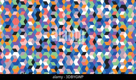 Vibrant abstract geometric seamless pattern featuring colorful isometric shapes design Stock Vector