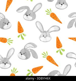 Cartoon rabbits anad carrots seamless pattern. Easter watercolor vector illustration Stock Vector
