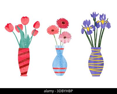 Flowers in vase vector set. Colorful watercolor vases with tulips, gerberas and irises Stock Vector