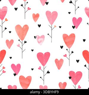 Seamless love pattern with watercolor hearts as flowers Stock Vector