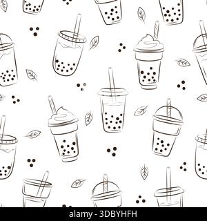 Seamless pattern with doodle bubble tea glasses. Vector cocktail drink illustration Stock Vector