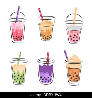 Bubble tea cup set. Vector colourful collection of watercolor pearl milk tea Stock Vector