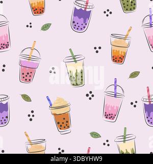 Seamless bubble tea drink pattern. Colorful vector  background with boba in glasses. Tapioca cocktails print Stock Vector
