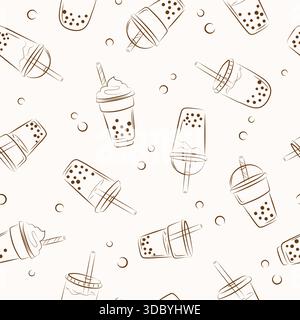 Doodle bubble tea glasses seamless pattern. Vector cocktail drink illustration Stock Vector