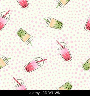 Seamless bubble tea drink pattern. Colorful vector background with hand drawn boba in glasses Stock Vector