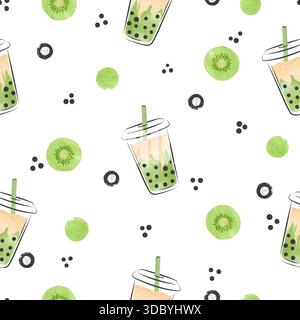 Kiwi bubble tea seamless pattern. Vector background with fruit boba drink in glasses Stock Vector