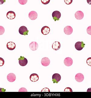 Seamless polka dot pattern with watercolor mangosteen fruit Stock Vector