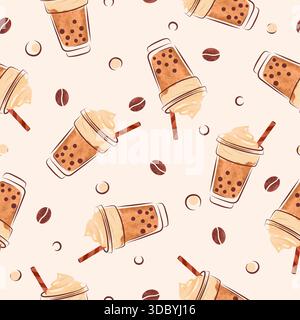 Bubble tea with coffee flavour. Seamless vector pattern with milk tea cups Stock Vector