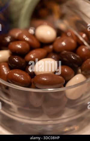 Handmade chocolate praline bonbons, hogh quality without palm oil, elegant, bite-sized treats with glossy coatings, rich cacao, with different filling Stock Photo