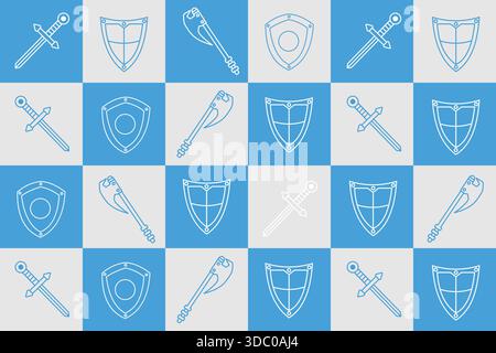 A cartoon style pattern showcasing war equipment icons, ideal for games, military themes, and strategic designs Stock Vector