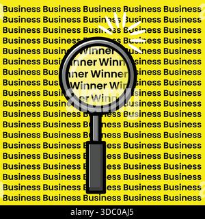 A bright business themed illustration featuring a magnifying glass highlighting the word Winner over a repeated Business text background, symbolizing Stock Vector