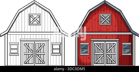 Red barn with white trim, side-by-side color and outline, clean vector style, frontal view Stock Vector
