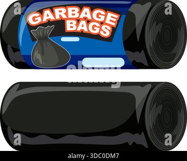 Two rolls of black garbage bags, one with labeled packaging, clean vector style, flat colors Stock Vector