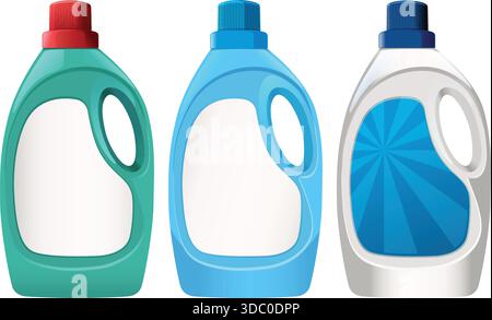 Vector illustration of three detergent bottles, vibrant colors, clean design, isolated on white background Stock Vector