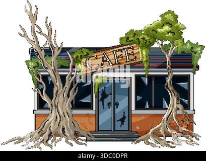 Vector illustration of deserted cafe exterior with broken windows, leaning signboard, and encroaching trees Stock Vector