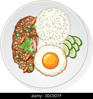 Vector illustration of Thai basil beef, steamed rice, fried egg, and cucumber on white plate Stock Vector