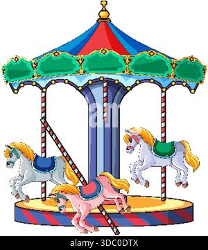 Bright vector illustration of classic amusement park carousel with three decorative horses and striped canopy Stock Vector