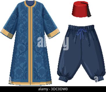 Blue patterned robe, loose trousers, and red fez hat in flat vector illustration style Stock Vector