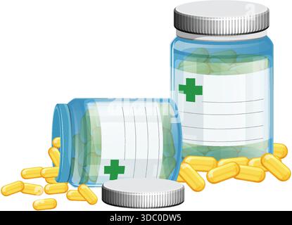 Vector illustration of two transparent prescription bottles, one upright and one tipped over, with yellow capsules scattered on a white background Stock Vector