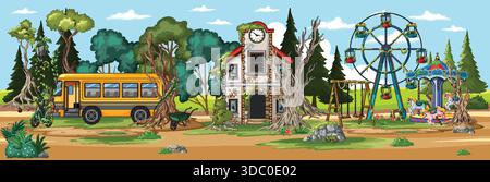 Wide cartoon landscape of deserted amusement park, rusty school bus, and ruined building in forest Stock Vector