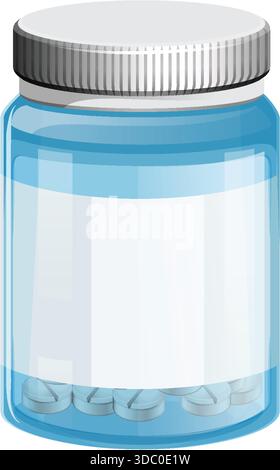 Vector illustration of a transparent plastic pill bottle with metallic lid, containing several white tablets, rendered in a clean, flat style Stock Vector