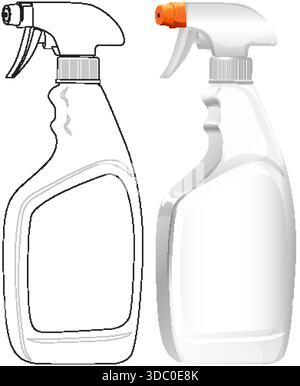 Realistic and outline spray cleaner bottles, isolated, white background, vector style, detailed highlights Stock Vector