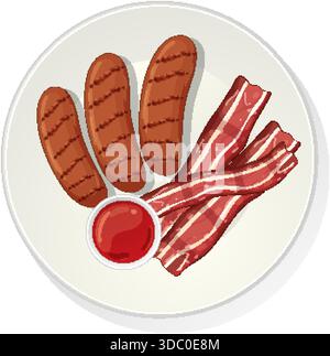 Vector illustration of sausages, bacon, and sauce on white plate, top-down view, flat style Stock Vector