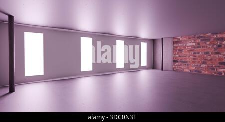 Modern minimalist interior with purple lighting and brick wall Stock Photo