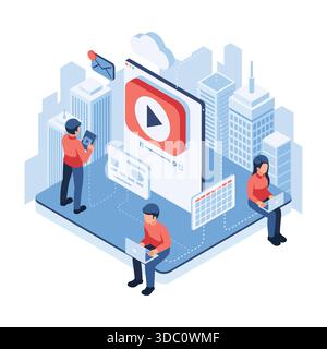Isometric Subscription Service Model with Users and Video Content. Subscription Service Model Concept Stock Vector