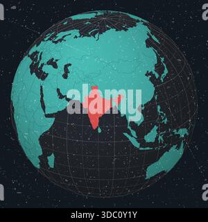 India on Globe. Vintage look with grunge scratched texture. Country view on world map in Dark Charcoal Turquoise color palette. India shape on map. Stock Vector