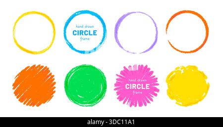 Crayon circle shape frame set. Hand drawn sketch brush line round childish shape. Children color crayon brush stroke frames. Scribble hand drawn grunge doodle color circle set. Vector illustration Stock Vector