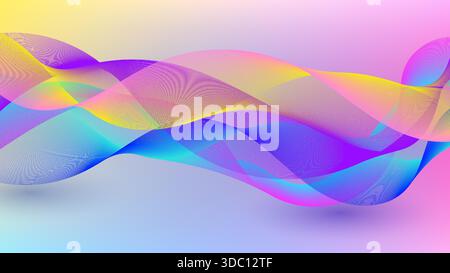 abstract background flowing, energetic motion. translucent wavy lines in neon colors purple, pink, yellow, blue set against a beautiful gradient, web Stock Vector