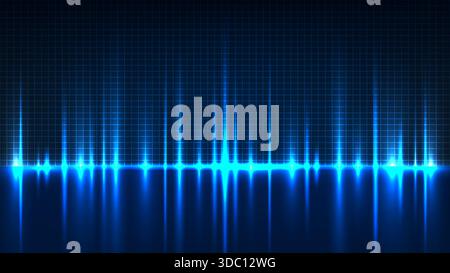 dynamic blue sound wave is visually analyzed on dark futuristic screen, designed to represent technology and data. abstract background graphic is idea Stock Vector
