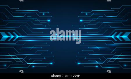 digital abstract background fast data flow and global network communication. Glowing light blue circuit lines horizontal arrows on dark blue backgroun Stock Vector