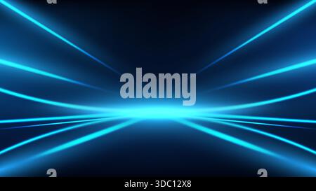Blue neon technology background with futuristic glowing light streaks and curved lines converging on a dark digital horizon for high tech network and Stock Vector